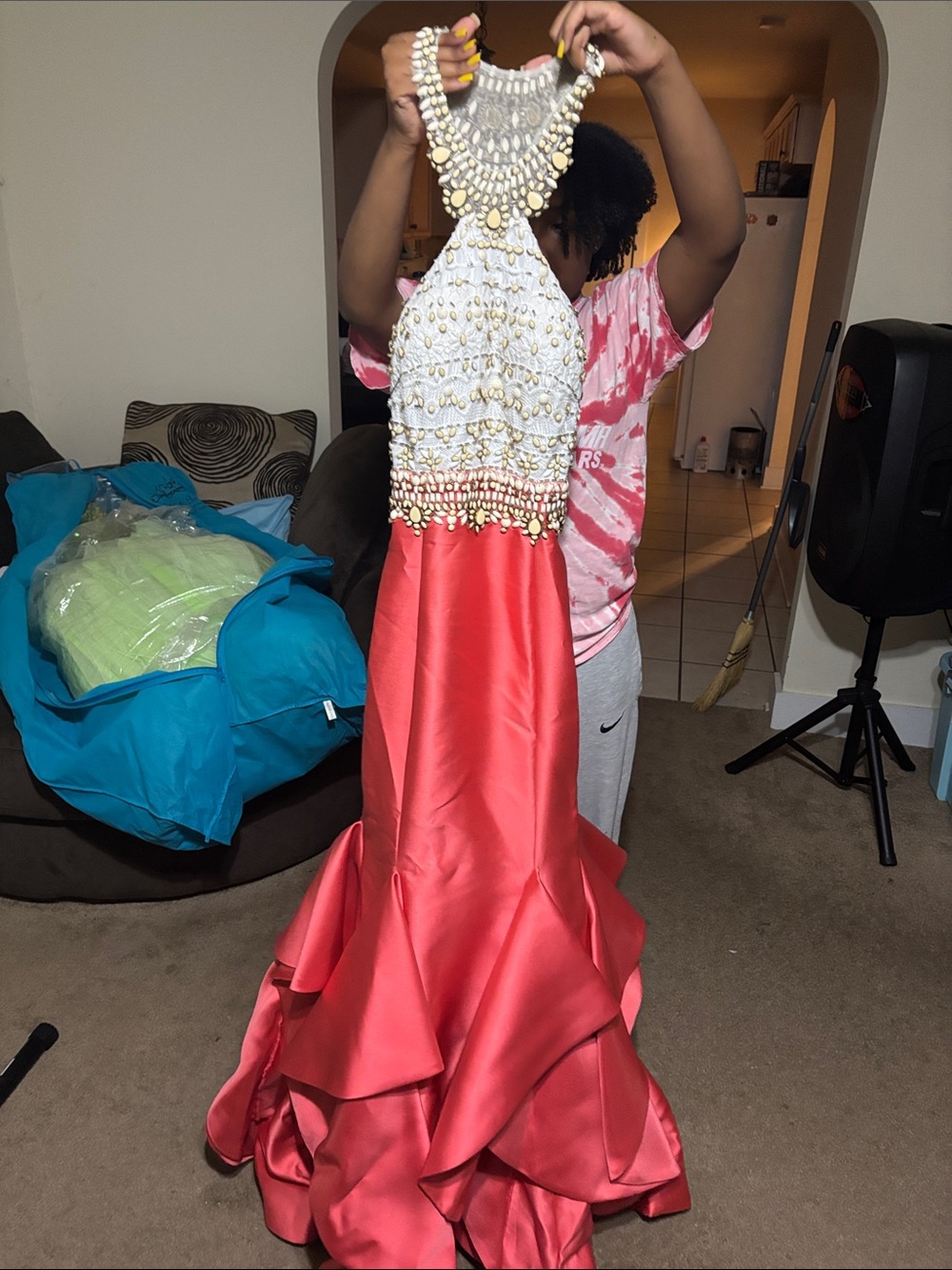 Rachel Allan White Beaded Halter Coral Satin Ruffle Gown
